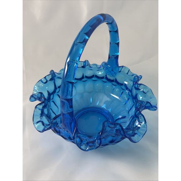 VTG FENTON Colonial Blue Thumbprint DBL Ruffle Basket Candy Dish 8"x7" - Picture 3 of 8